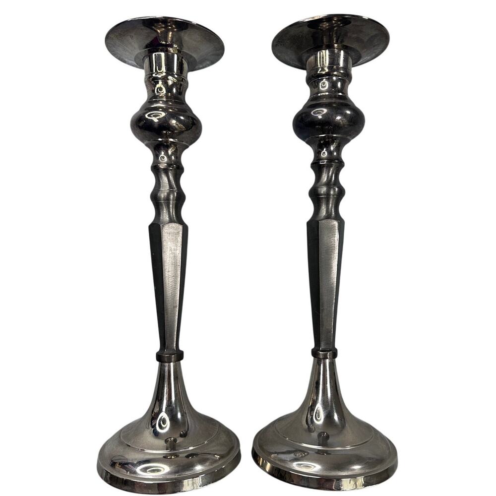 India Silver Plate Taper Candle Holders Hexagonal Metal Traditional Pair